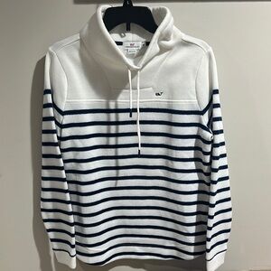 Vineyard Vines Striped Cowl Neck Sweater in White and Navy